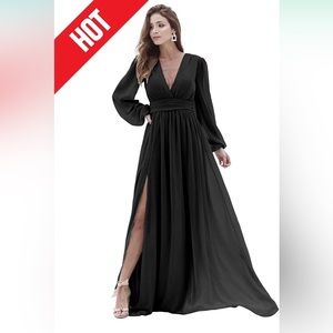 New! Long Sleeve Black Dress Size 10 Formal Gown V Neck w/Lace-up Back & Slit